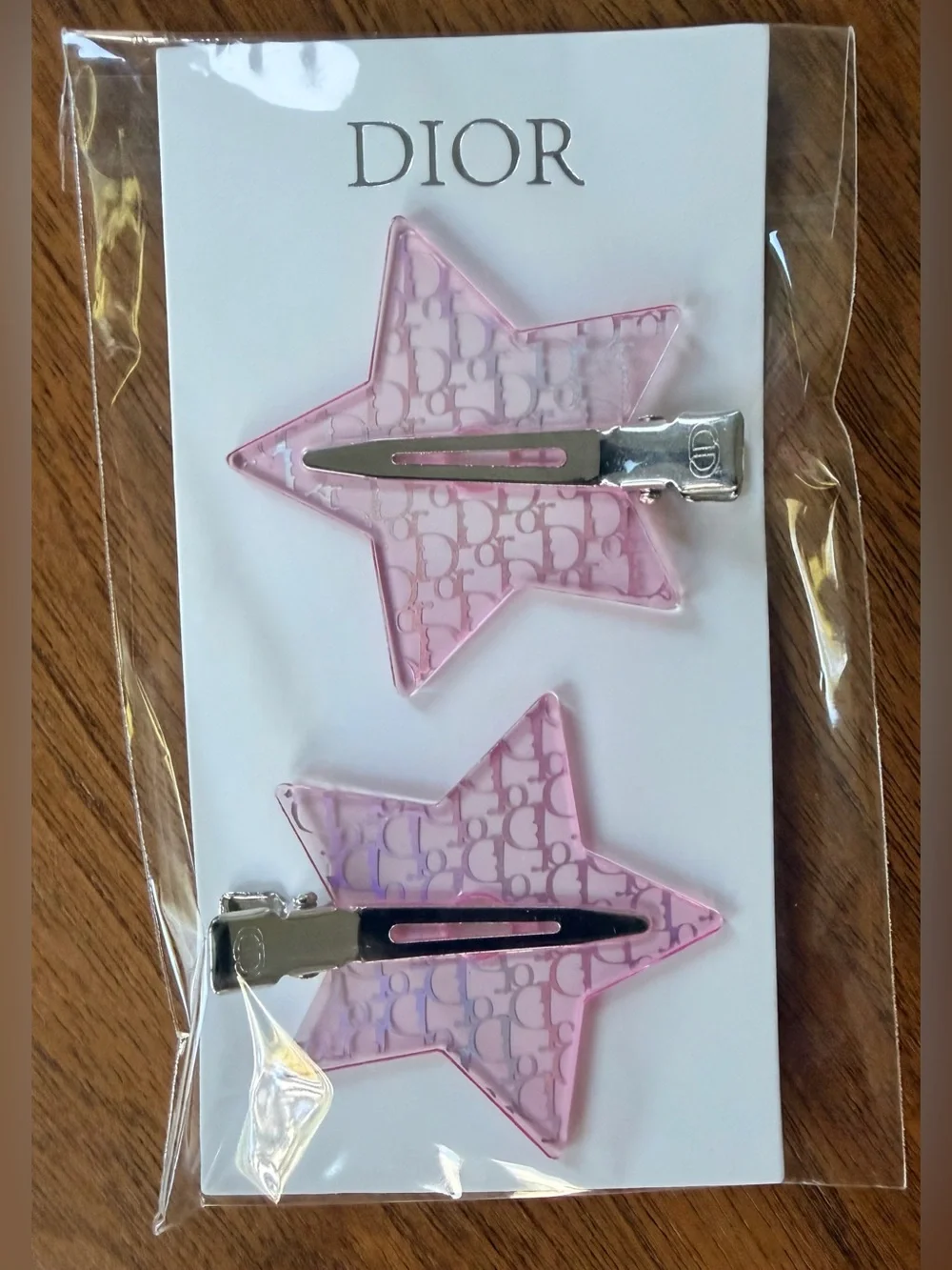 Dior Iridescent Pink Branded Star Set of 2 Alligator Style Barrettes NEW SEALED